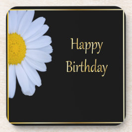 Posavasos Feliz cumpleaños con flores blancas y negro