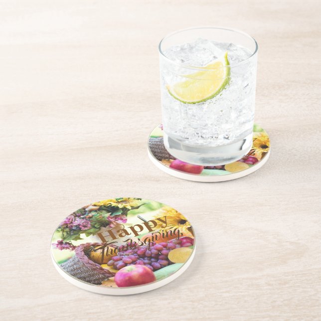 Posavasos Feliz Día de Acción de Gracias Cornucopia Fruits G (Lado)