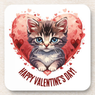 Posavasos Feliz Día de San Valentín pequeño gatito con coraz