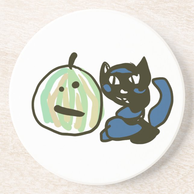 Posavasos Feliz gato negro de Jack o Lantern verde (Frente)