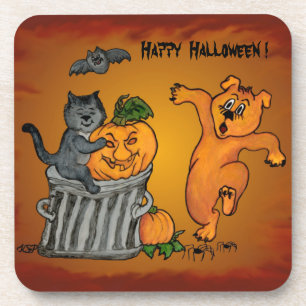 Posavasos Feliz Halloween con gatos, perro y araña