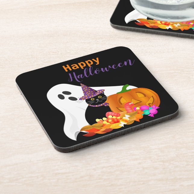 Posavasos Feliz Halloween Fantasma y Gato Negro de Plástico  (Lado Izquierdo)