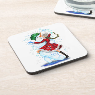 Posavasos Feliz hombre de nieve y Chica Fiesta de Navidades 