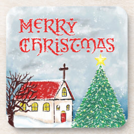 Posavasos Feliz iglesia navideña y árbol de Navidad en nieve