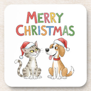 Posavasos Feliz Navidad al gato y al perro con sombreros de