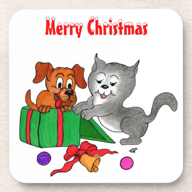 Posavasos Feliz Navidad con gato y pipa (Frente)