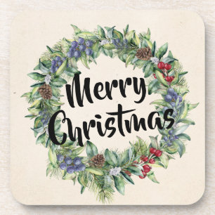 Posavasos Feliz Navidad - Corona - Acuarela Pintada a Mano