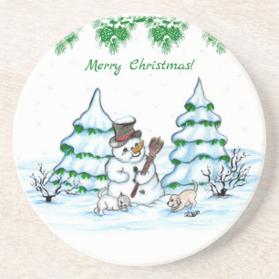 Posavasos ¡Feliz Navidad! Hombre de nieve con gato y cachorr