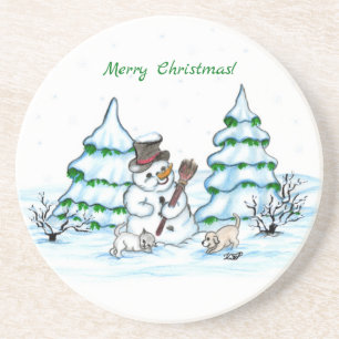 Posavasos ¡Feliz Navidad! Hombre de nieve con gato y cachorr