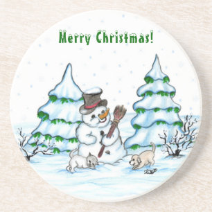 Posavasos ¡Feliz Navidad! Hombre de nieve con gato y cachorr