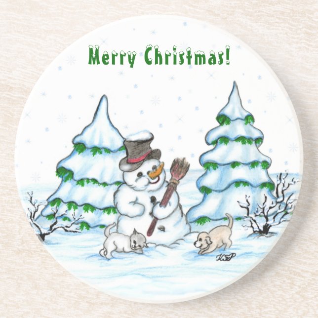 Posavasos ¡Feliz Navidad! Hombre de nieve con gato y cachorr (Frente)