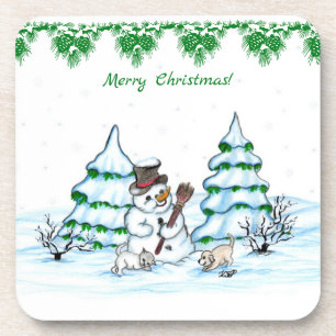Posavasos ¡Feliz Navidad! Muñeco de nieve con gato y cachorr