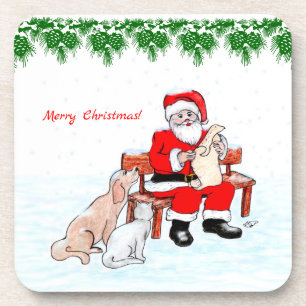 Posavasos Feliz Navidad - Papá Noel con gato y perro