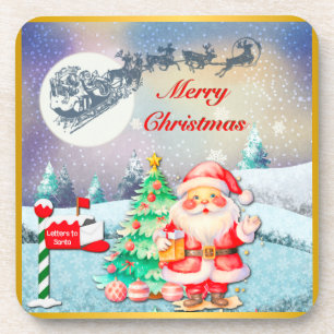 Posavasos Feliz Navidad Papá Noel, Trineo, Reno, Copo de Nie