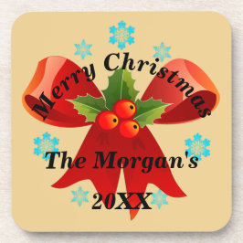 Posavasos Feliz Navidad Red Ribbon Holly Leaf