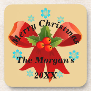 Posavasos Feliz Navidad Red Ribbon Holly Leaf