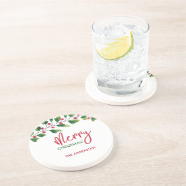 Posavasos Feliz Navidad Rojo Y Verde Wreath De Acuarela