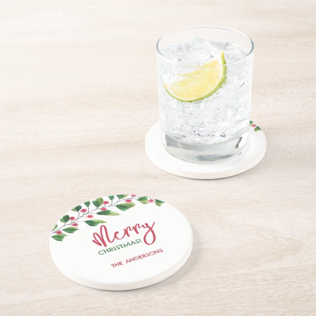 Posavasos Feliz Navidad Rojo Y Verde Wreath De Acuarela (Lado)