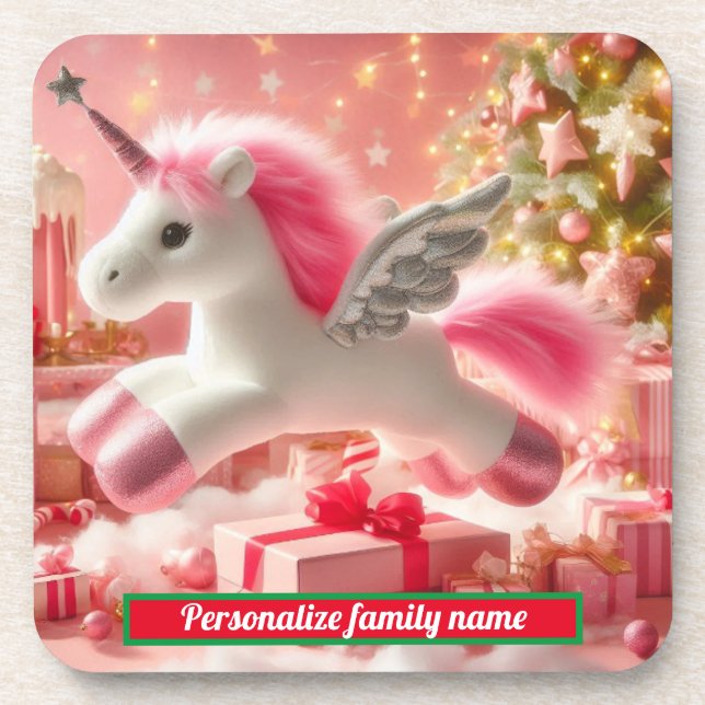 Posavasos Feliz Navidad rosa unicornio Duro montaña de plást (Frente)