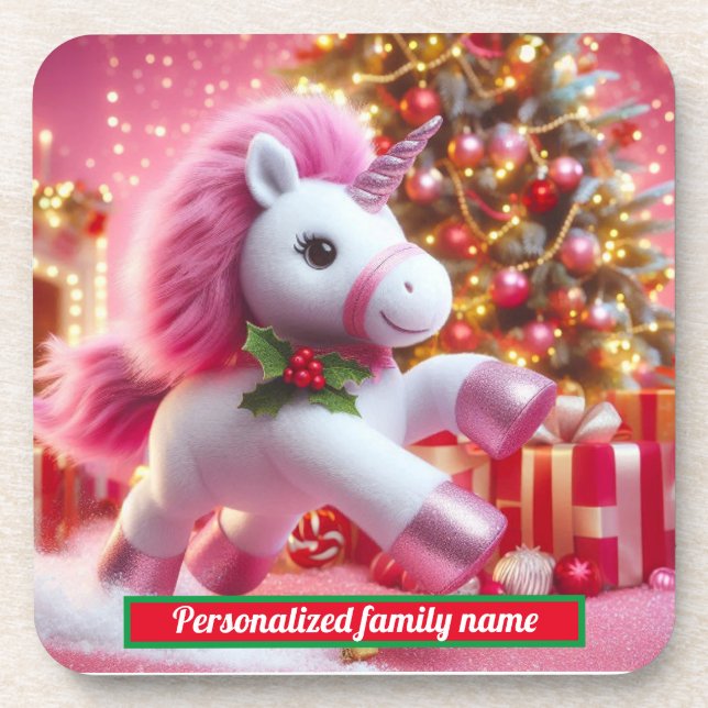 Posavasos Feliz Navidad rosa unicornio Duro montaña de plást (Frente)