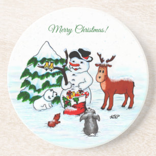Posavasos ¡Feliz Navidad! Snowman con sus amigos