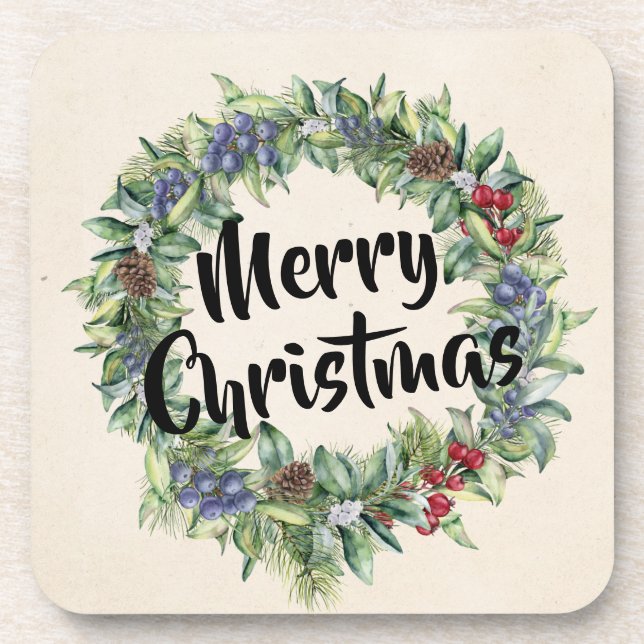 Posavasos Feliz Navidad - Wreath - acuarela pintada a mano (Frente)