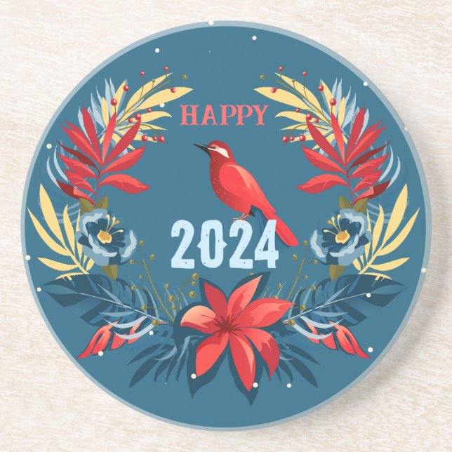 Posavasos ¡Feliz Navidad y Feliz Año Nuevo! Pájaro Rojo 2024 (Frente)