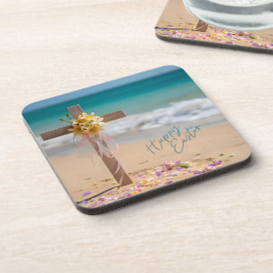 Posavasos Feliz Pascua Cruz de Madera y Lirios en la Playa