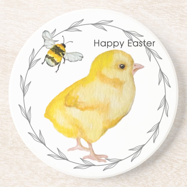 Posavasos Feliz pollo de Pascua y flores de primavera (Frente)