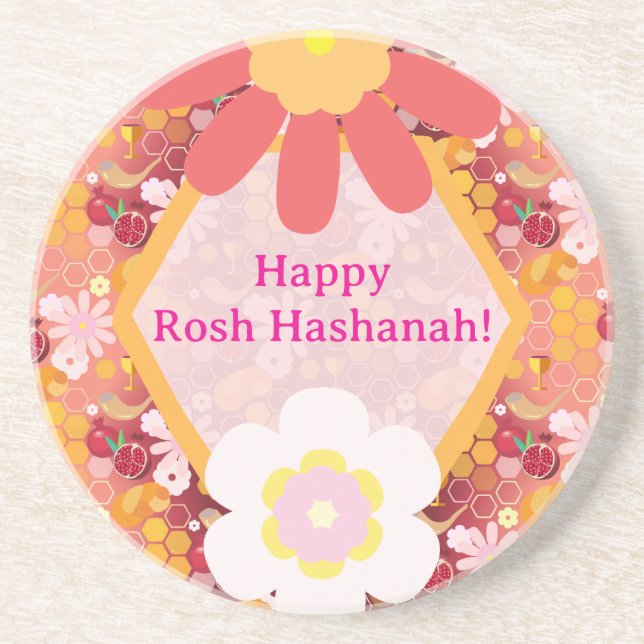 Posavasos Feliz Rosh Hashanah Patrón floral de Año Nuevo jud (Frente)
