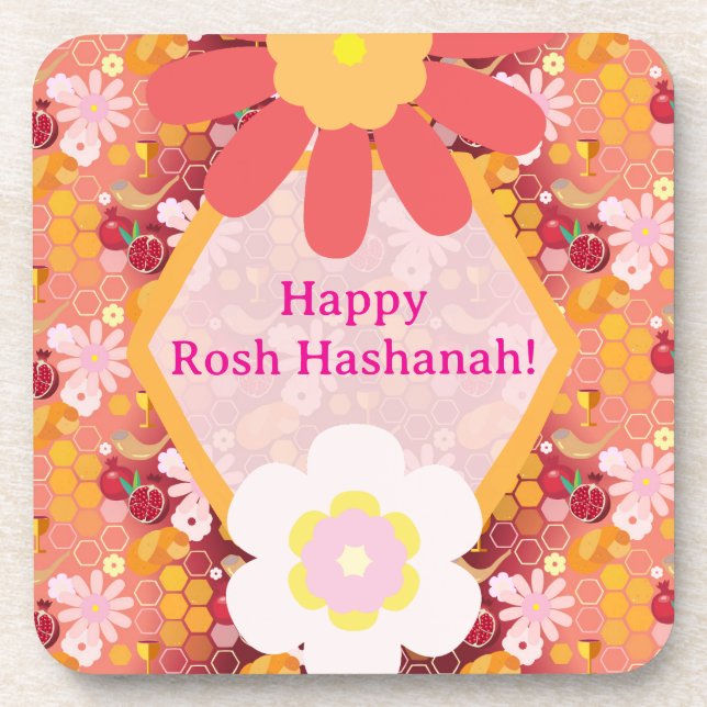Posavasos Feliz Rosh Hashanah Patrón floral de Año Nuevo jud (Frente)