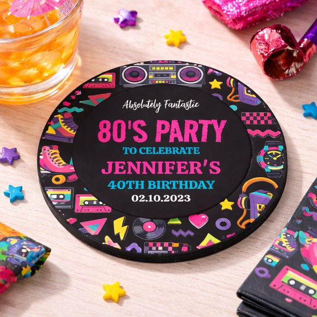 Posavasos Fiesta de Cumpleaños Moderna Retro Neon de los 80  (Modern Retro Neon 80’s Birthday Party for Adults Coaster
)
