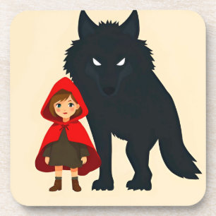 Posavasos Figura con capucha roja frente a un lobo majestuos