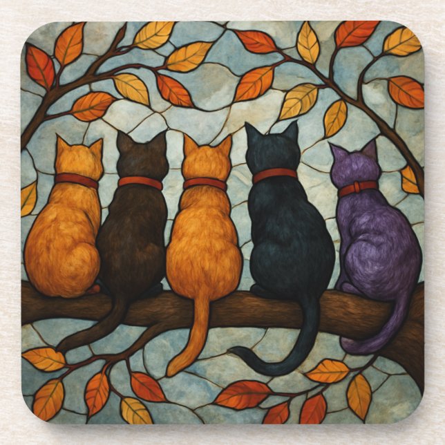 Posavasos Five Cats on a Tree Branch Stained Glass Style (Frente)