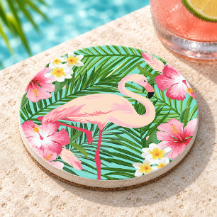 Posavasos Flamenco Rosa Tropical Flor de Palma Hojas Verano