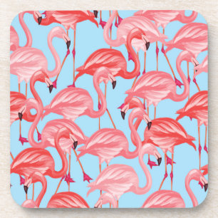 Posavasos Flamencos rosados brillantes en azul