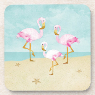 Posavasos Flamencos rosados de la acuarela en la playa