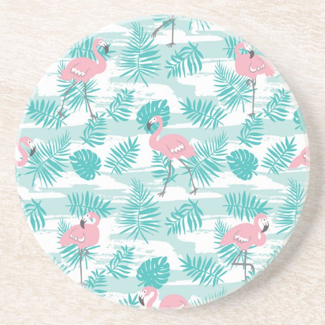 Posavasos Flamencos rosas, hojas de palma verdes, tropicales (Frente)