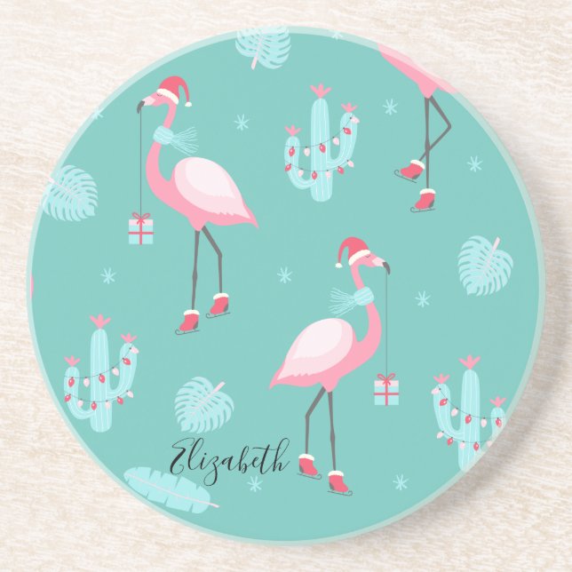 Posavasos Flamingos Gorro de Santa Regalos Copos de nieve (Frente)