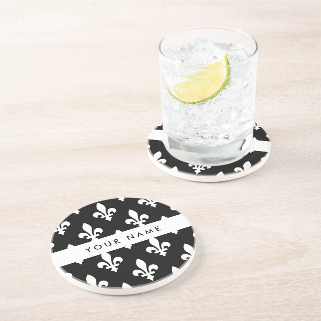 Posavasos Fleur de Lis, Blanco sobre Negro, Blanco, Tu Nombr (Lado)