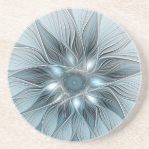 Posavasos Flor abstracta alegre azul gris fractal floral