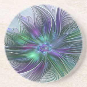 Posavasos Flor Abstracta Moderna Fractal Verde Púrpura
