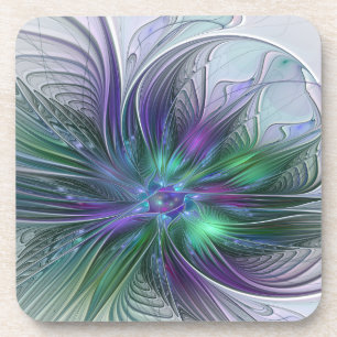 Posavasos Flor abstracta moderna fractal verde púrpura