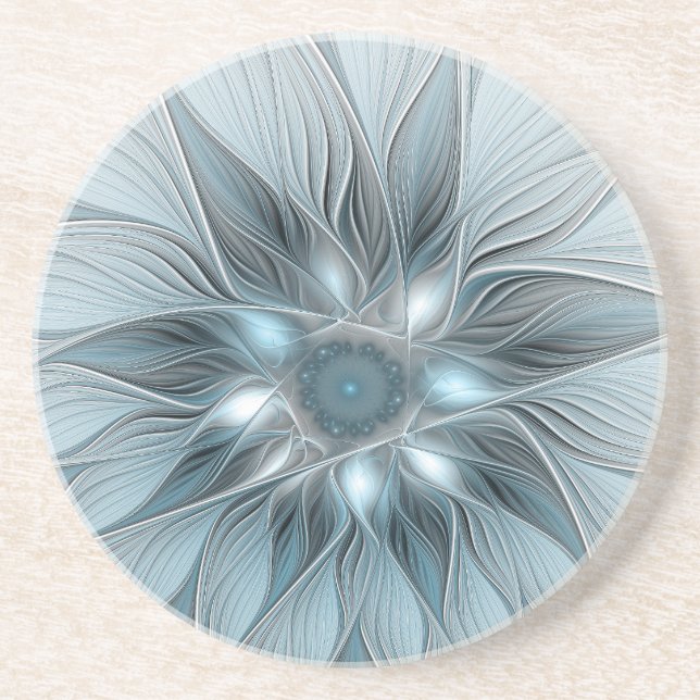 Posavasos Flor alegre Abstracto Floral Gris azul Fractal (Frente)