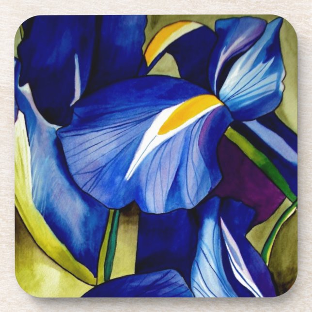Posavasos Flor azul Iris pintura acuarela original (Frente)