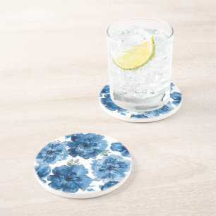 Posavasos Flor Blanca Botánica Floral Acuarela Flor Azul