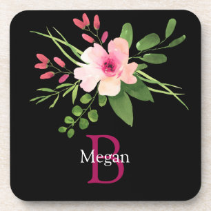 Posavasos Flor de Acuarela, Nombre y Monograma en Negro