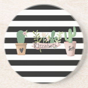 Posavasos Flor de Cactus Rayas Blancas y Negras  