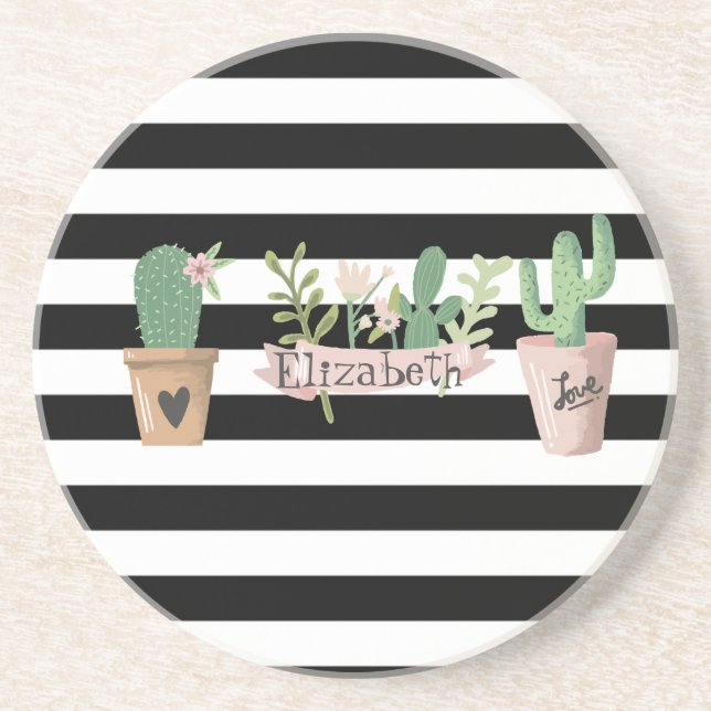 Posavasos Flor de Cactus Rayas Blancas y Negras   (Frente)
