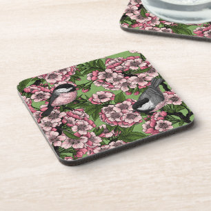 Posavasos Flor de cerezo y pollos en verde